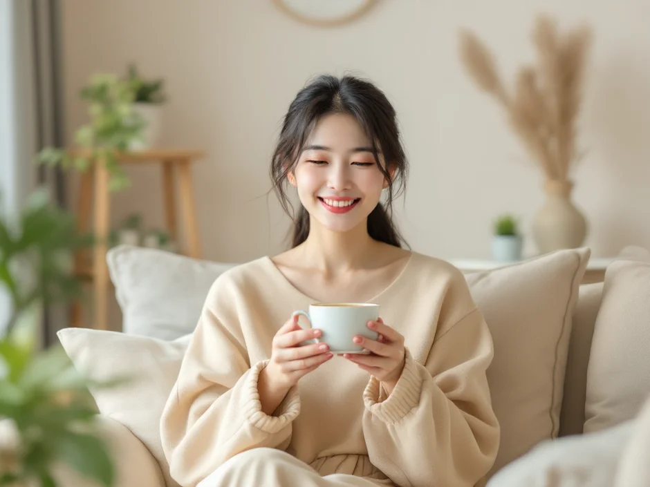 温かい飲み物を手に穏やかにほほえむ女性|妊娠中の葉酸摂取に寄り添うイメージ