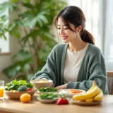 妊娠中の女性が食卓で野菜や果物・小魚など積極的に食べたい食材を前に穏やかにほほえんでいるシーン|妊娠中に食べていいものの選び方のイメージ