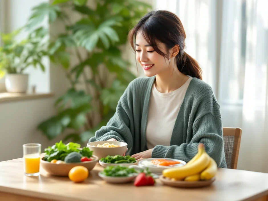 妊娠中の女性が食卓で野菜や果物・小魚など積極的に食べたい食材を前に穏やかにほほえんでいるシーン｜妊娠中に食べていいものの選び方のイメージ