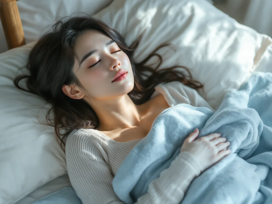 妊娠中の頭痛で暗い寝室に横になり額を冷やして休む妊婦さん