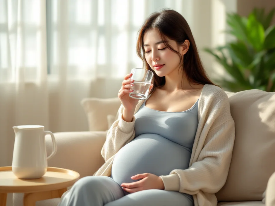 妊娠中の頭痛対策に水分補給をしながらソファで休む妊婦さん