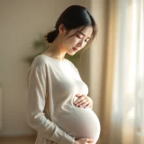 妊娠中の女性が胸に手を当てて胃もたれ・胸焼けを感じているシーン