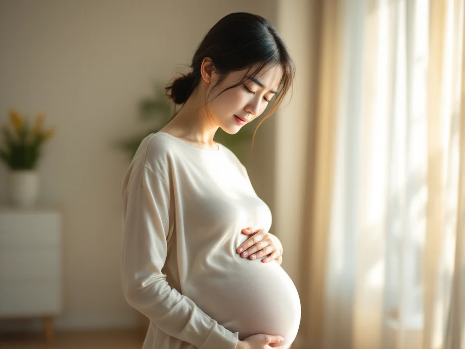 妊娠中の女性が胸に手を当てて胃もたれ・胸焼けを感じているシーン