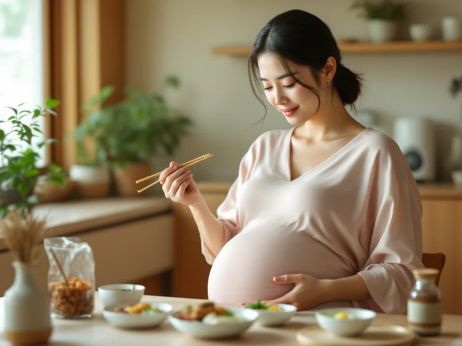 妊娠中の女性が小皿に分けた少量の食事をゆっくり食べているシーン