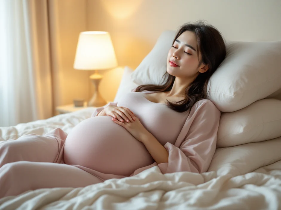 妊娠中の女性が枕を重ねて上半身をやや高くした姿勢で休んでいるシーン