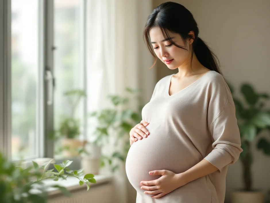 妊娠中の女性が股関節・骨盤まわりの痛みを感じているシーン