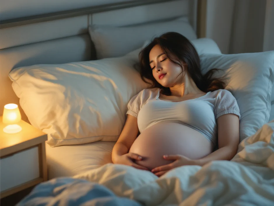 妊婦さんが寝れない夜——横向きに眠ろうとする妊娠後期の女性（再生成版）