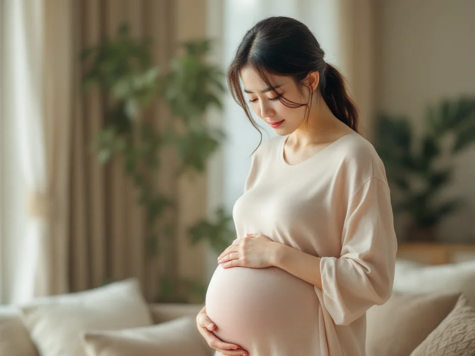 妊娠中の女性が腕のかゆみを感じているシーン