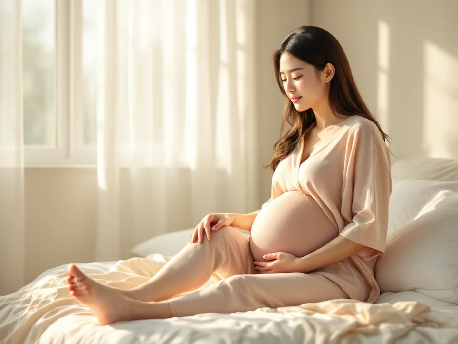 妊婦が足首を反らしてふくらはぎのストレッチをしているシーン
