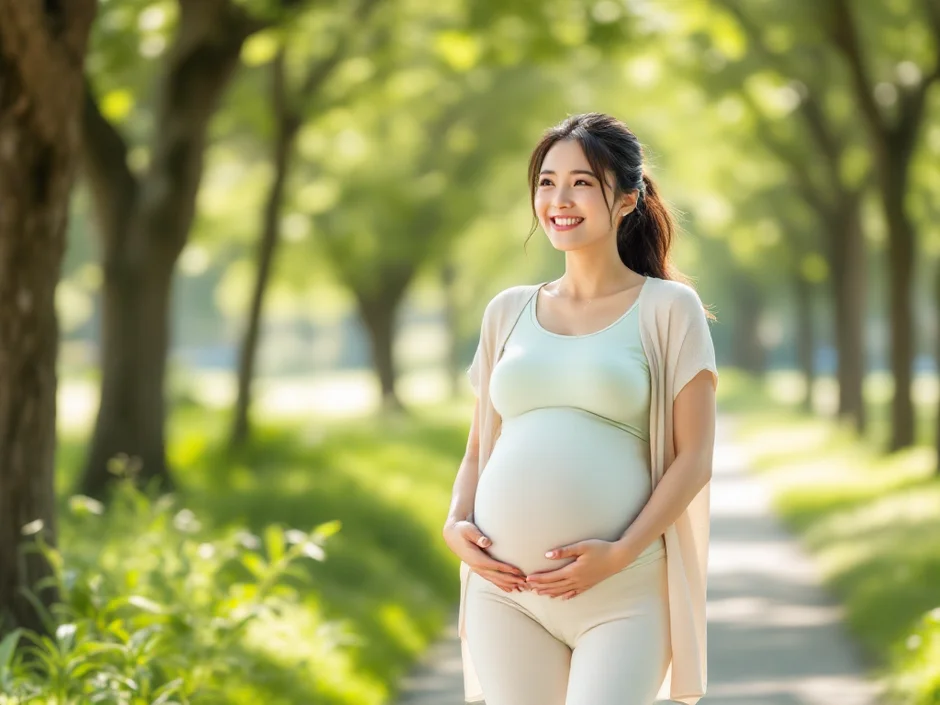 妊婦が公園でマタニティウォーキングをして笑顔でいるシーン