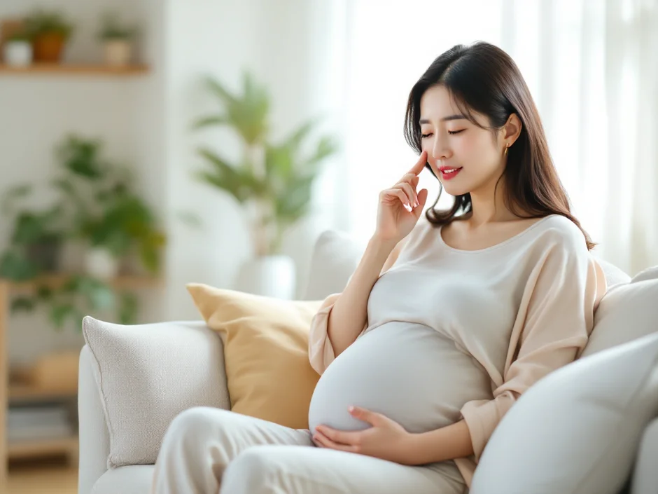 妊娠中の女性が鼻に手を当てているシーン｜妊娠中の鼻血イメージ