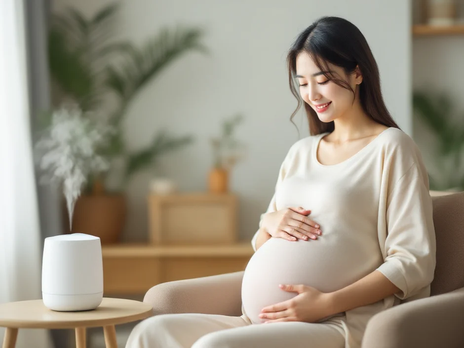 妊娠中の鼻血対策として加湿器で室内を加湿しているシーン｜妊娠中の鼻血予防イメージ