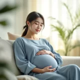 妊娠中の動悸を感じてそっと目を閉じる妊婦さんのクローズアップ