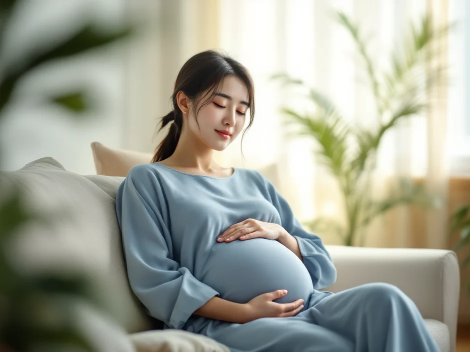 妊娠中の動悸を感じてそっと目を閉じる妊婦さんのクローズアップ