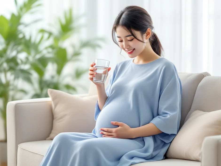 食後にソファで上半身を起こして水を飲みながら休む妊婦さんのイメージ