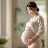 妊娠後期の女性が恥骨あたりを手で押さえているシーン