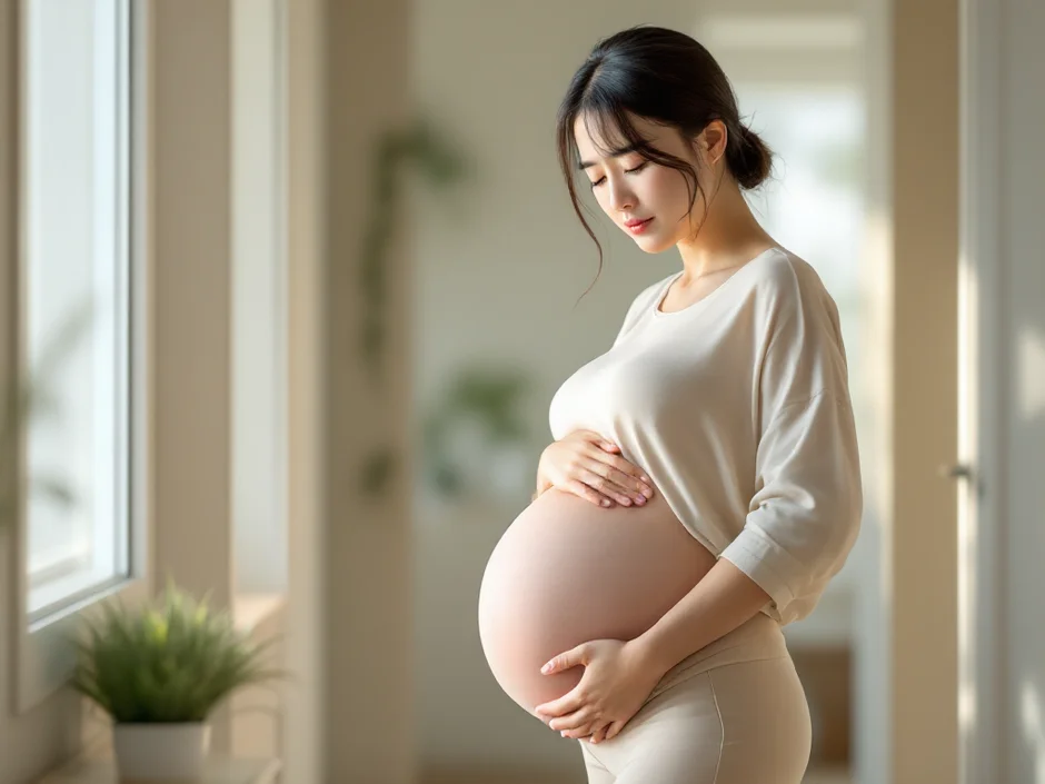 妊娠後期の女性が恥骨あたりを手で押さえているシーン
