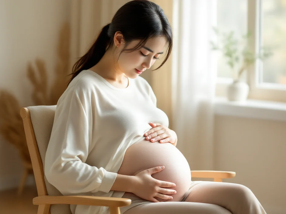 妊娠中の女性が椅子に座ってお尻・腰の痛みを感じているシーン｜坐骨神経痛の症状イメージ