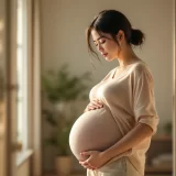 妊娠中の女性が胸に手を当てて息苦しそうにしているシーン