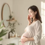 妊娠中の女性が穏やかな表情でスキンケアに向き合っているシーン｜妊娠中の肌荒れケアイメージ