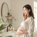 妊娠中の女性が穏やかな表情でスキンケアに向き合っているシーン｜妊娠中の肌荒れケアイメージ