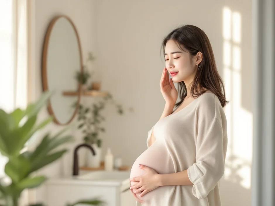 妊娠中の女性が穏やかな表情でスキンケアに向き合っているシーン｜妊娠中の肌荒れケアイメージ