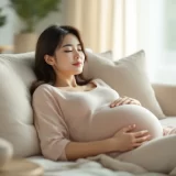 妊娠中の女性がソファで横になって眠そうにしているシーン｜妊娠中の眠気イメージ