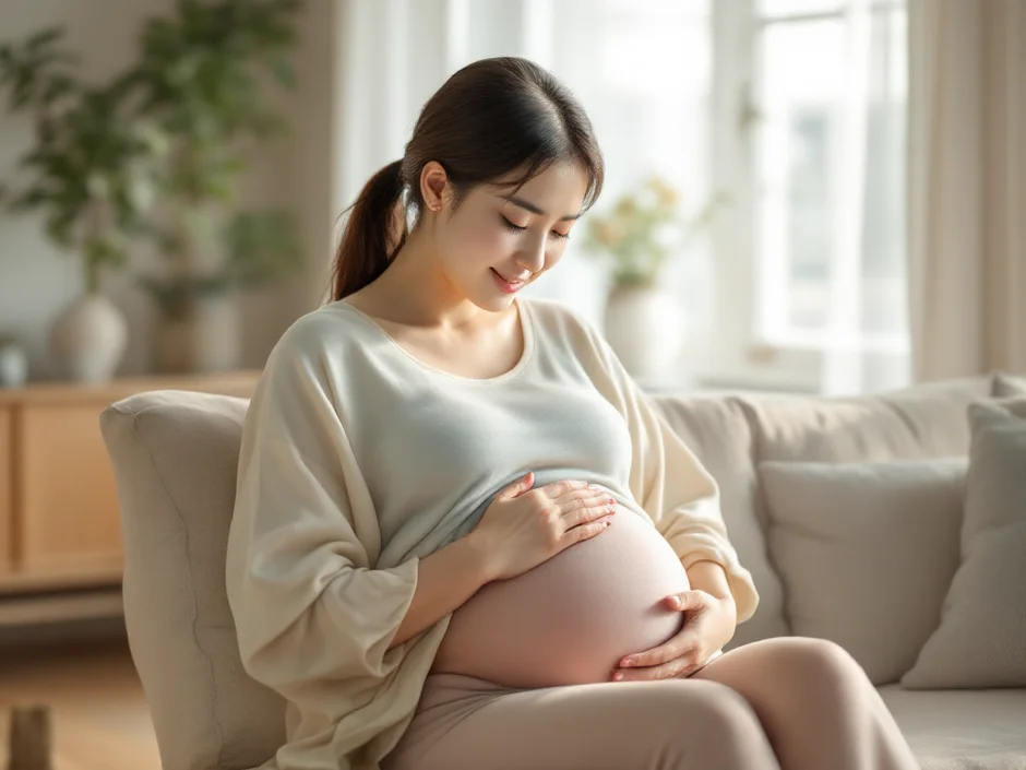 妊娠中の女性がお腹をそっと支えながら穏やかにくつろいでいるシーン｜妊娠中のくしゃみと体の変化イメージ
