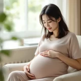 妊娠中の女性がみぞおちのあたりに軽く手を当てて椅子に座っているシーン｜妊娠中の胃痛のイメージ