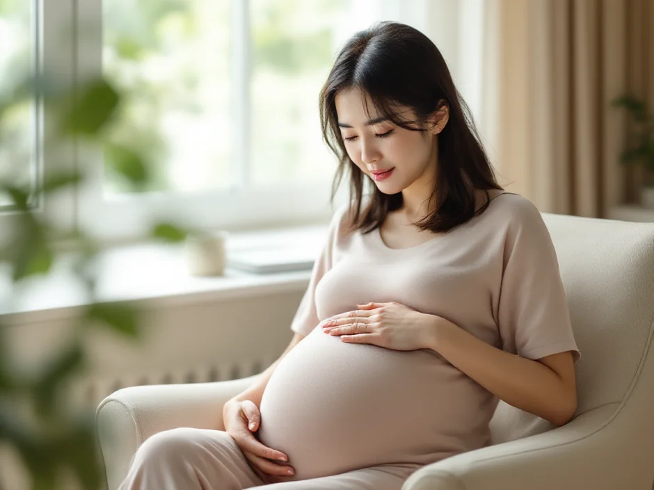 妊娠中の女性がみぞおちのあたりに軽く手を当てて椅子に座っているシーン｜妊娠中の胃痛のイメージ
