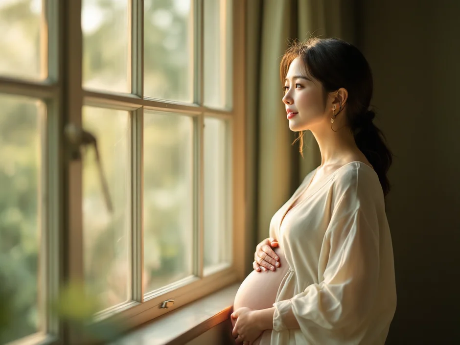 窓際でおなかに手を添え出産までの時期に思いを馳せる30代女性｜正期産と出産時期のイメージ