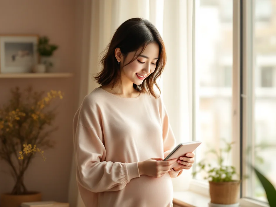 妊娠検査薬や母子手帳を手に穏やかな表情でいる30代女性｜妊娠したらやること・妊娠確定後の行動ガイドのイメージ