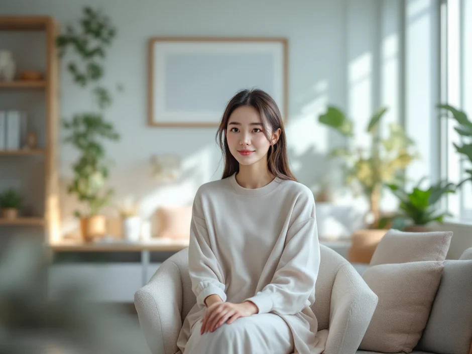 明るい産婦人科の待合室で穏やかに待つ妊婦らしき女性のシーン｜妊娠初診のイメージ
