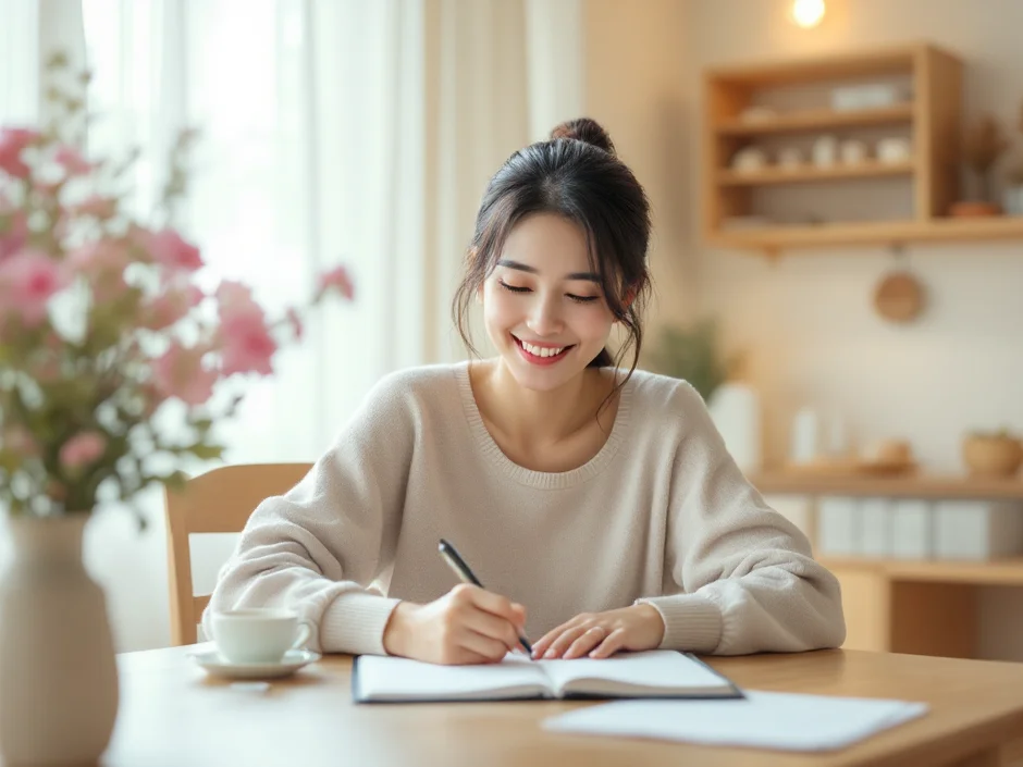 自宅のテーブルで手帳を書きながら穏やかに微笑む女性｜妊娠初期の準備・整理のイメージ