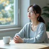窓辺のテーブルで両手を重ね、伏し目がちに座る女性のイメージ｜マタニティブルーで気持ちが沈んでいるシーン