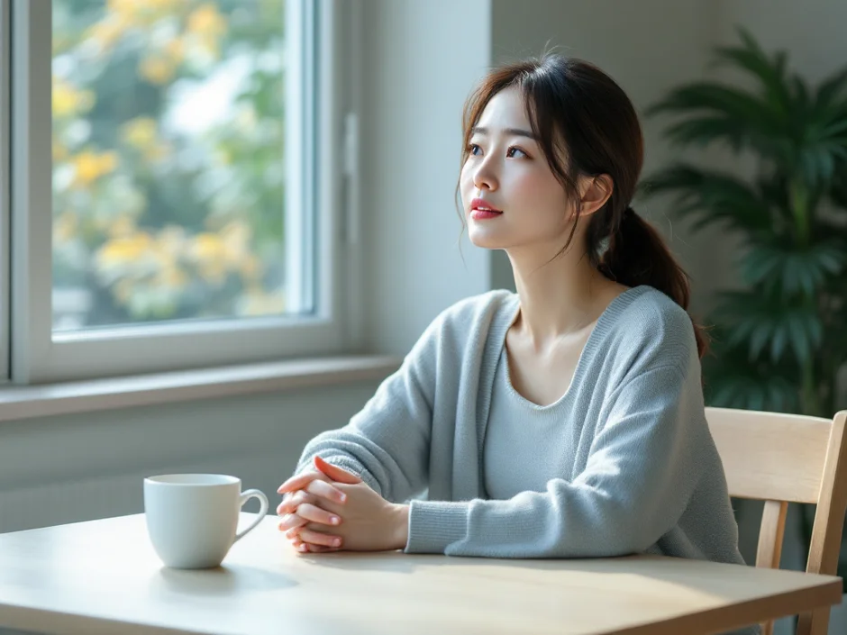 窓辺のテーブルで両手を重ね、伏し目がちに座る女性のイメージ｜マタニティブルーで気持ちが沈んでいるシーン