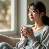 窓辺のソファでマグカップを手に少し疲れた表情を見せる女性のイメージ｜産後のこころの不調について知りたいシーン