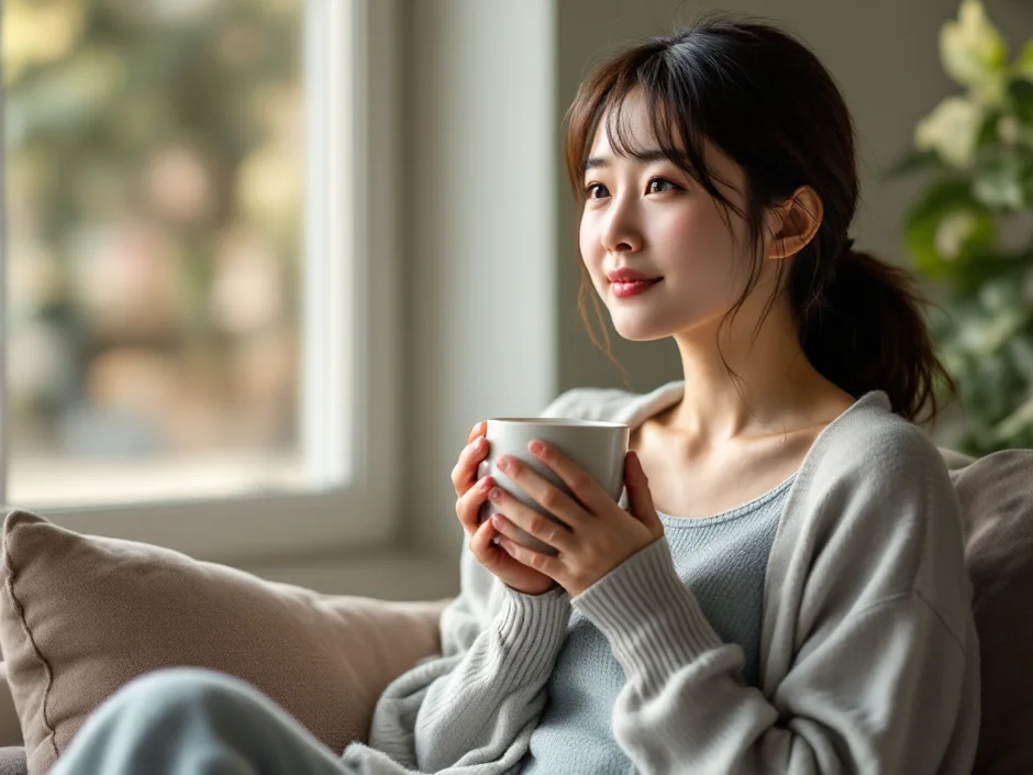 窓辺のソファでマグカップを手に少し疲れた表情を見せる女性のイメージ｜産後のこころの不調について知りたいシーン