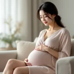 妊娠中期〜後期の女性がソファに座りお腹に手を添えているシーン｜お腹の張りのイメージ