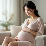 妊娠中期〜後期の女性がソファに座りお腹に手を添えているシーン｜お腹の張りのイメージ