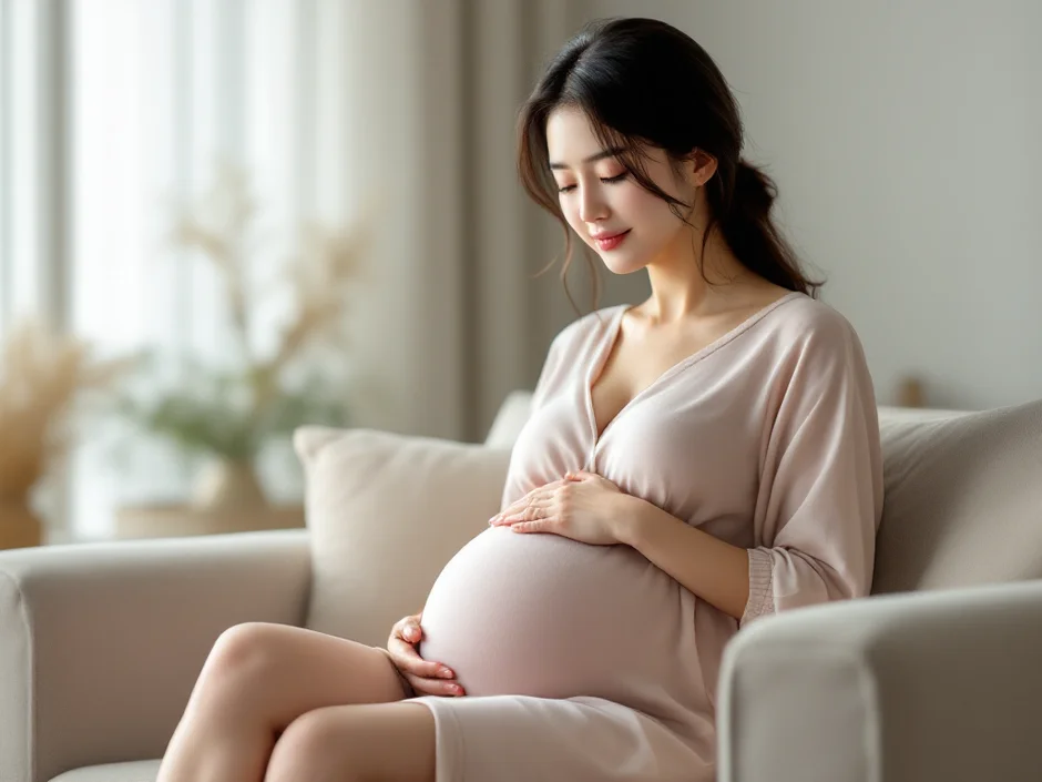 妊娠中期〜後期の女性がソファに座りお腹に手を添えているシーン｜お腹の張りのイメージ