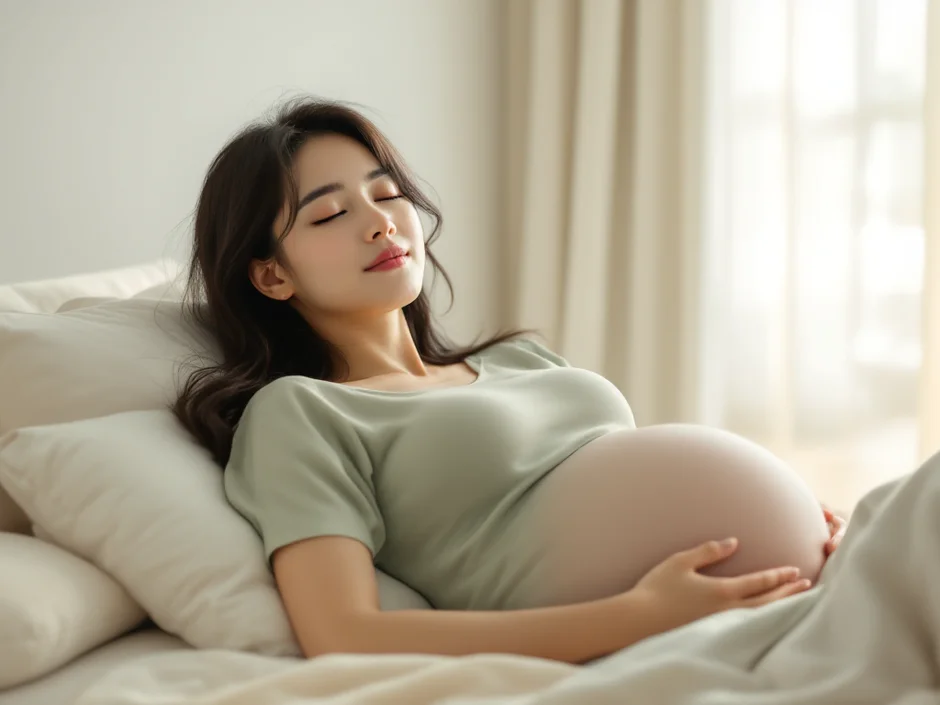 妊娠中期〜後期の女性がベッドで横向きに休んでいるシーン｜お腹の張りを感じたときに安静にする対処法のイメージ