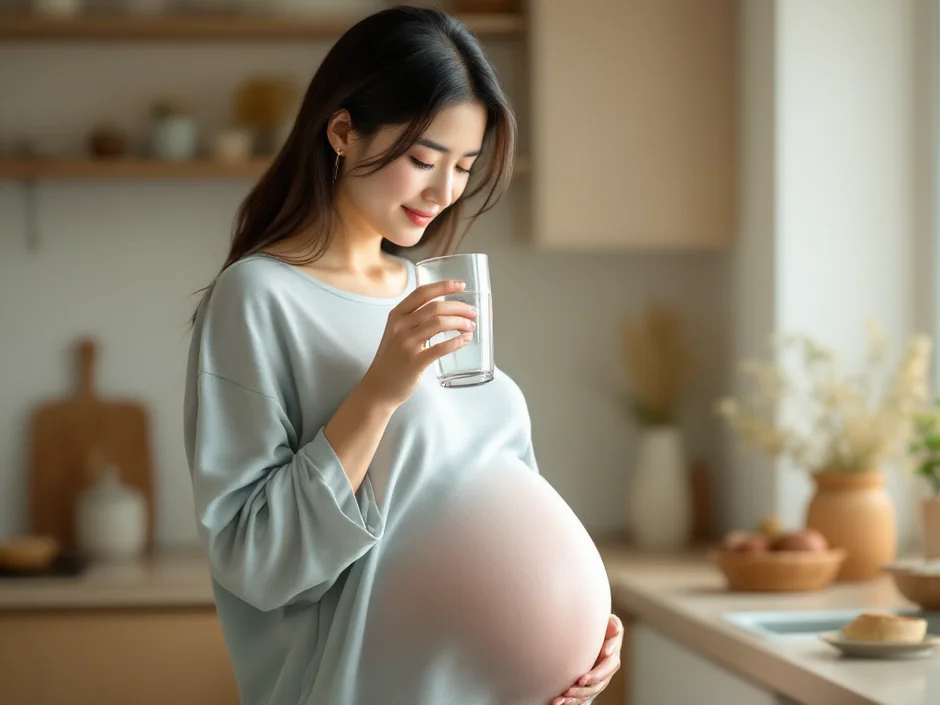 妊娠中の女性がコップの水を飲んでいるシーン｜水分補給とこまめな休憩のイメージ