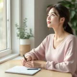 窓辺のテーブルでノートを前に考えこむ妊娠後期の女性のイメージ｜バースプランに何を書くか迷っているシーン