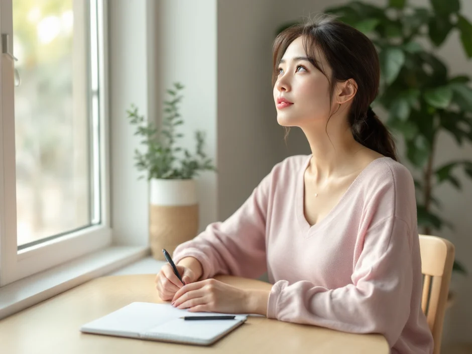 窓辺のテーブルでノートを前に考えこむ妊娠後期の女性のイメージ｜バースプランに何を書くか迷っているシーン