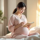 妊娠後期の女性が自宅で母子手帳を手に落ち着こうとしているシーン｜おしるしに気づいたときのイメージ