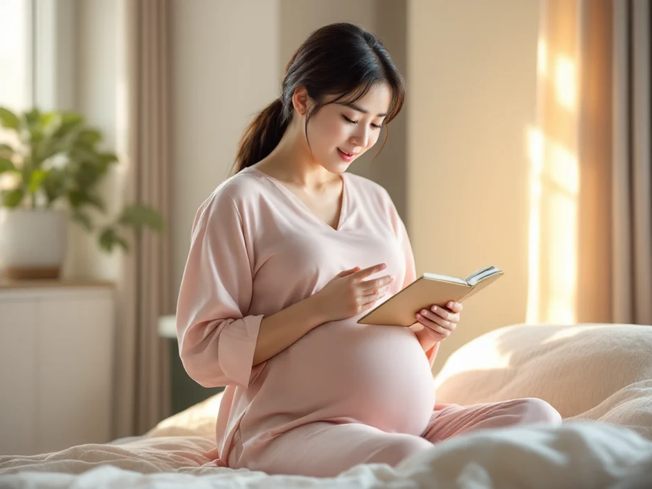 妊娠後期の女性が自宅で母子手帳を手に落ち着こうとしているシーン｜おしるしに気づいたときのイメージ