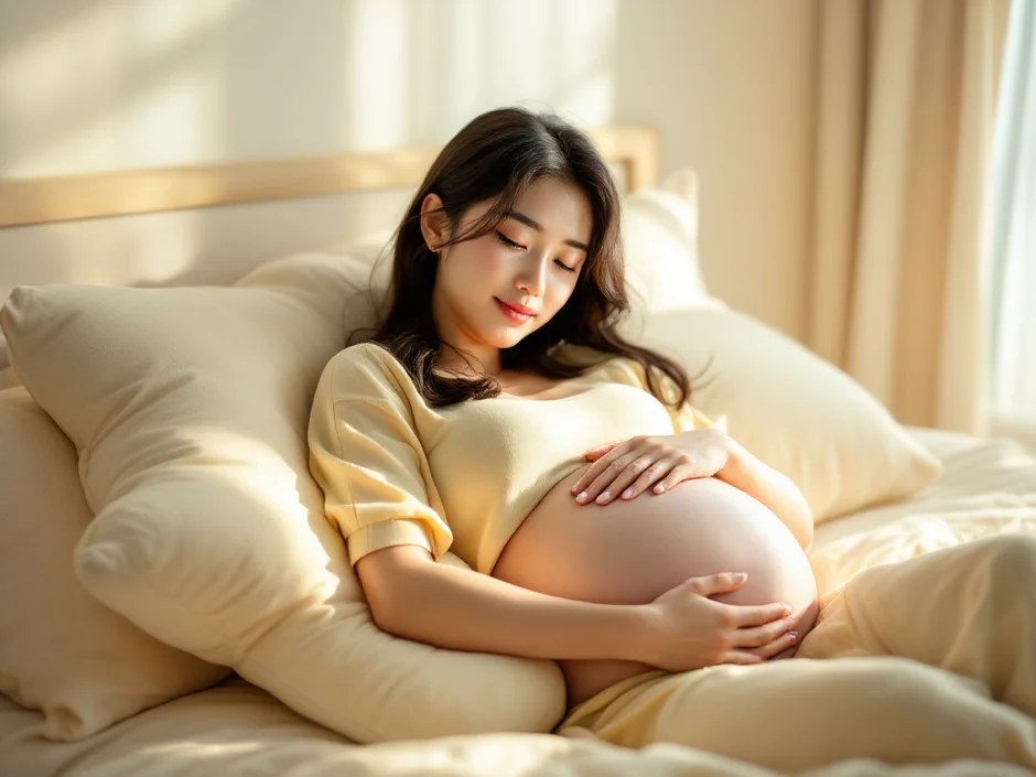 妊娠後期の女性が自宅のベッドで穏やかに安静に過ごしているシーン｜おしるしがあったときの過ごし方のイメージ