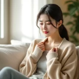 自宅のソファでカーディガンの襟元を整えながら座る女性のイメージ|妊娠初期の胸の張り・痛みを感じているシーン