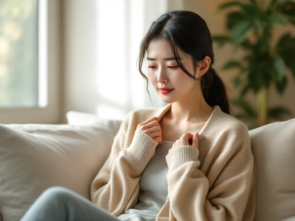 自宅のソファでカーディガンの襟元を整えながら座る女性のイメージ｜妊娠初期の胸の張り・痛みを感じているシーン